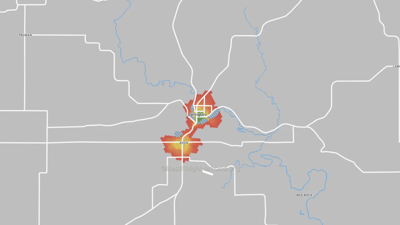 Walk Grade map of Darlington, WI, walkable areas in green and car-dependent areas in red