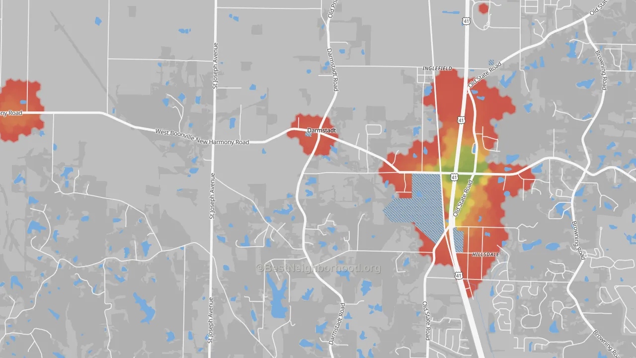 Walk Grade map of Darmstadt, IN, walkable areas in green and car-dependent areas in red