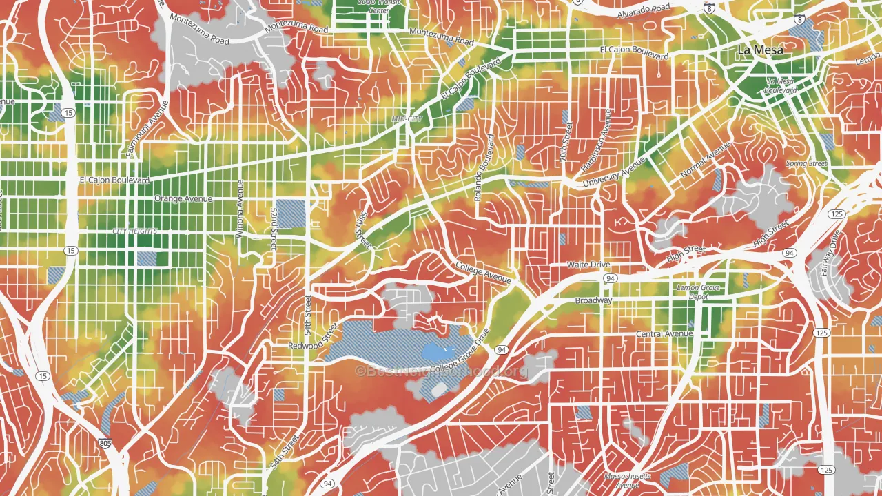 Walk Grade map of Darnall, San Diego, CA, walkable areas in green and car-dependent areas in red