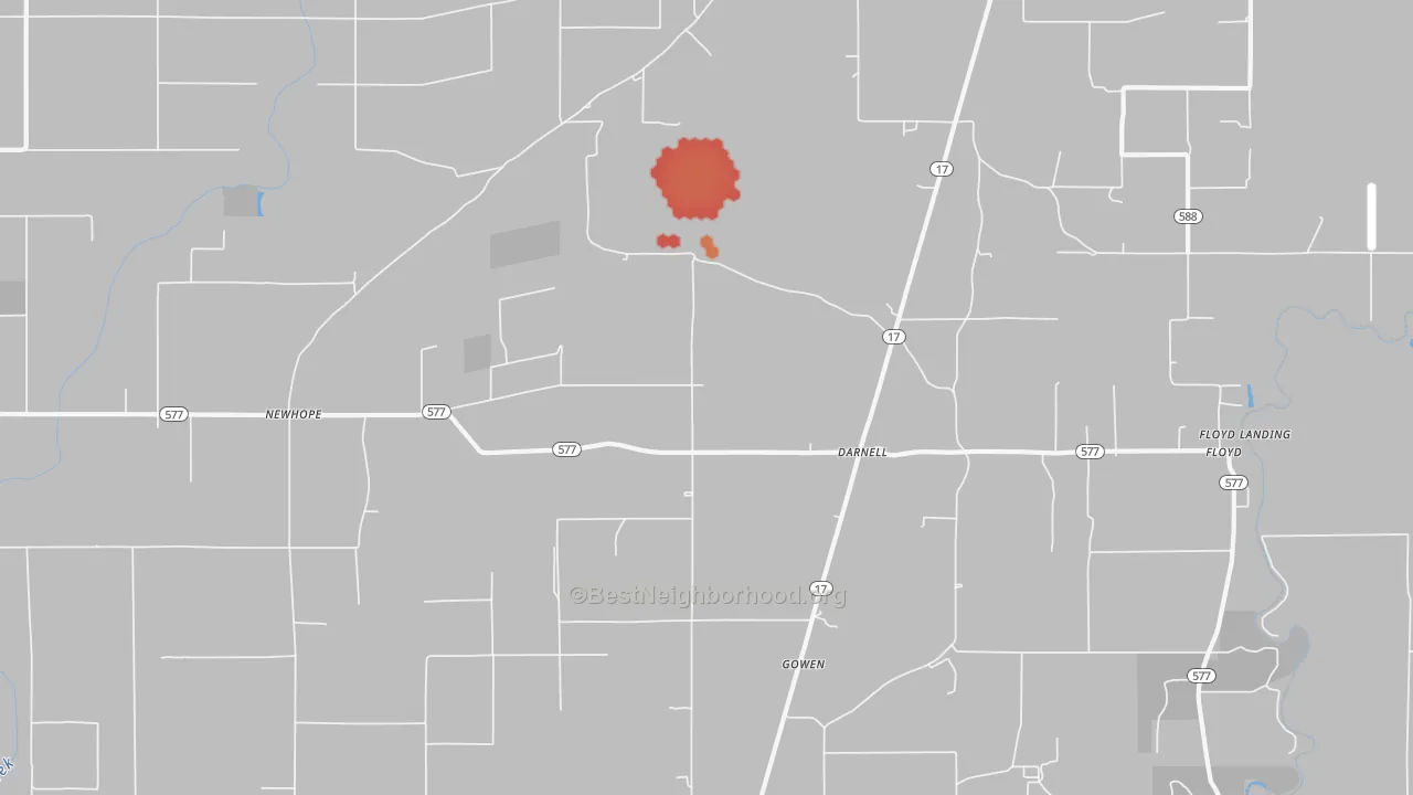 Walk Grade map of Darnell, LA, walkable areas in green and car-dependent areas in red