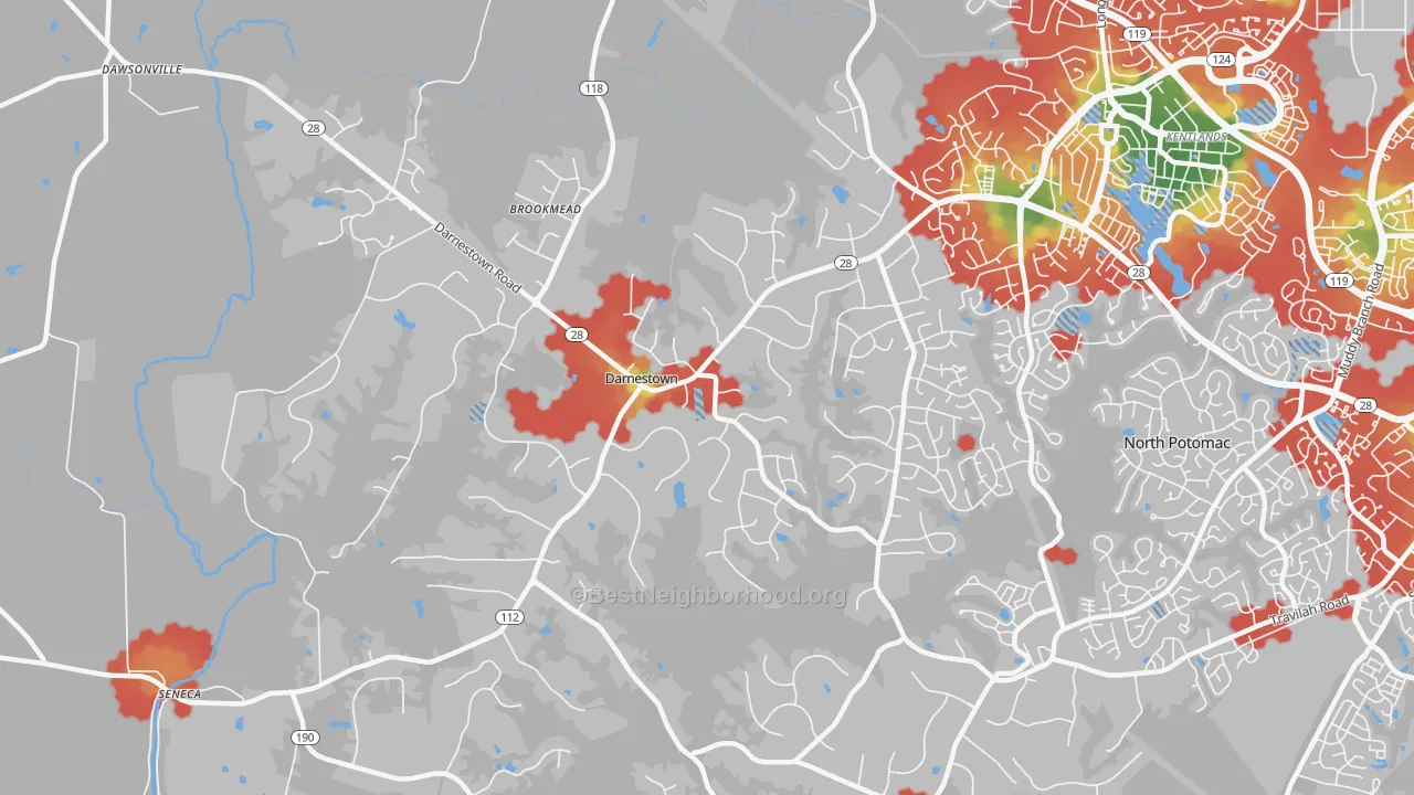 Walk Grade map of Darnestown, Gaithersburg, MD, walkable areas in green and car-dependent areas in red