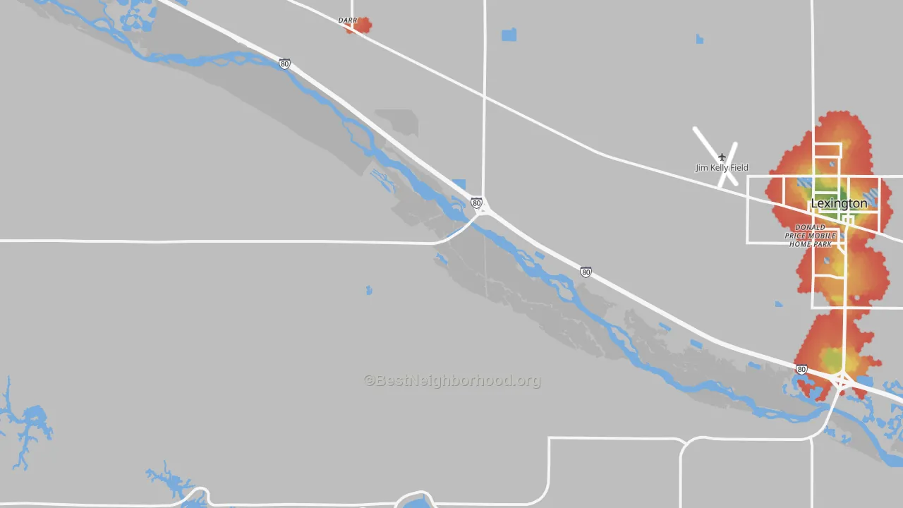 Walk Grade map of Darr, NE, walkable areas in green and car-dependent areas in red