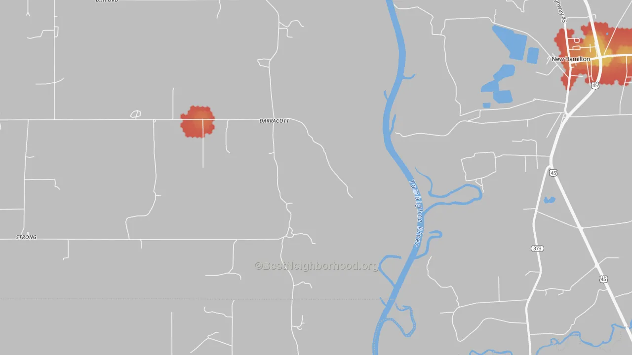 Walk Grade map of Darracott, MS, walkable areas in green and car-dependent areas in red