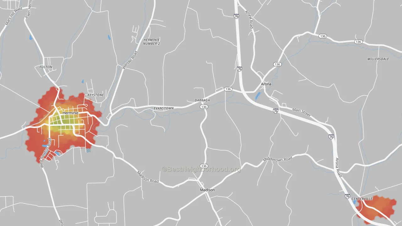 Walk Grade map of Darragh, PA, walkable areas in green and car-dependent areas in red