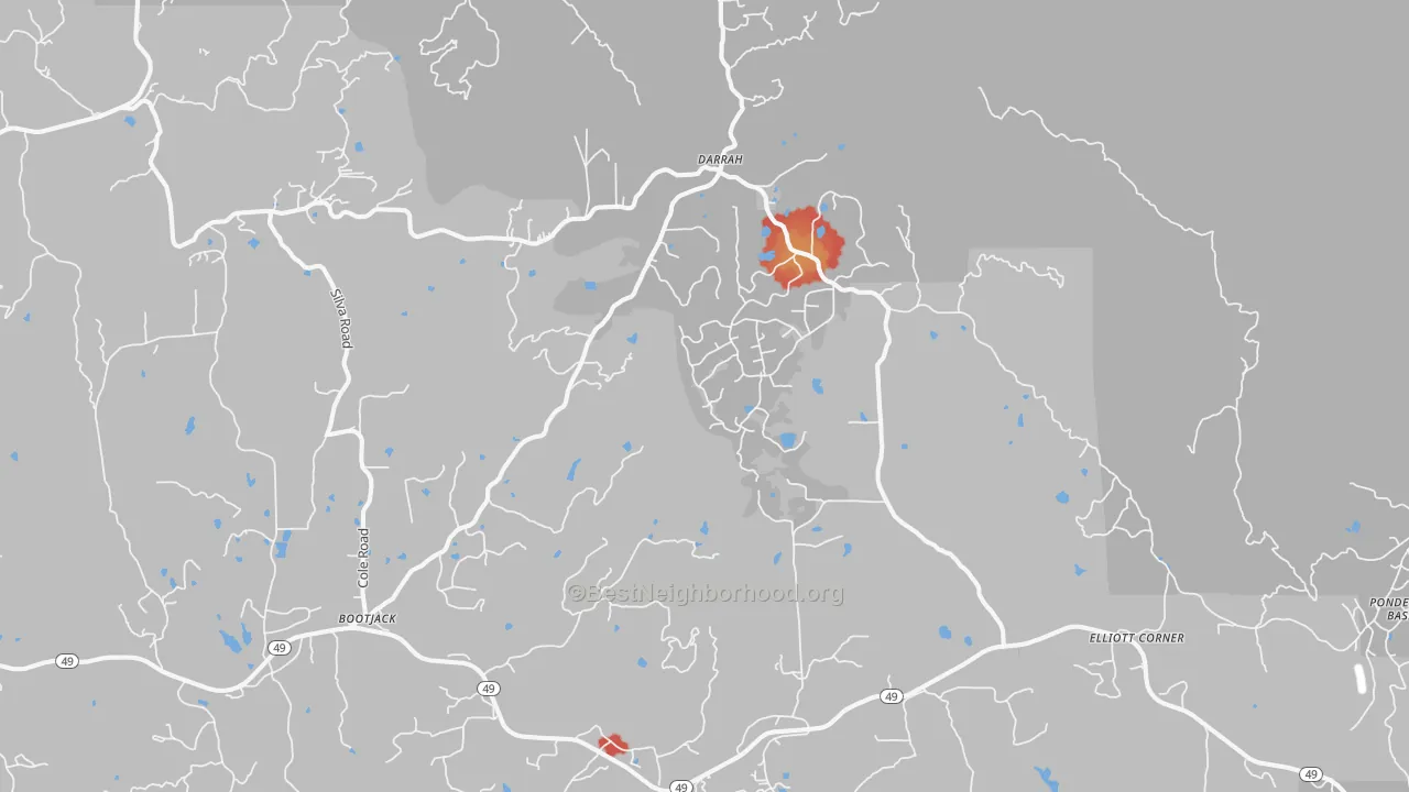Walk Grade map of Darrah, CA, walkable areas in green and car-dependent areas in red