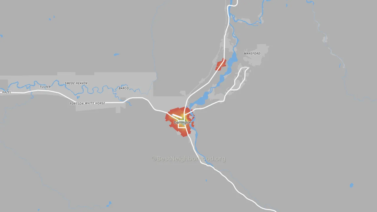 Walk Grade map of Darrington, WA, walkable areas in green and car-dependent areas in red