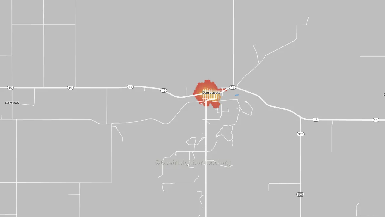 Walk Grade map of Darrouzett, TX, walkable areas in green and car-dependent areas in red