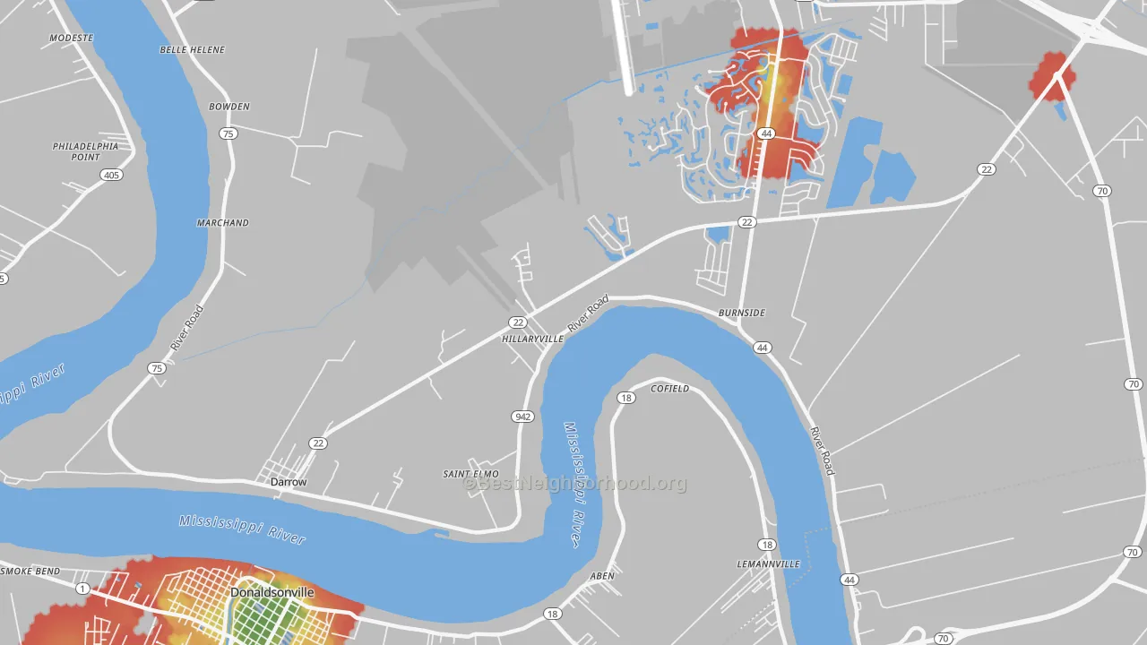Walk Grade map of Darrow, LA, walkable areas in green and car-dependent areas in red