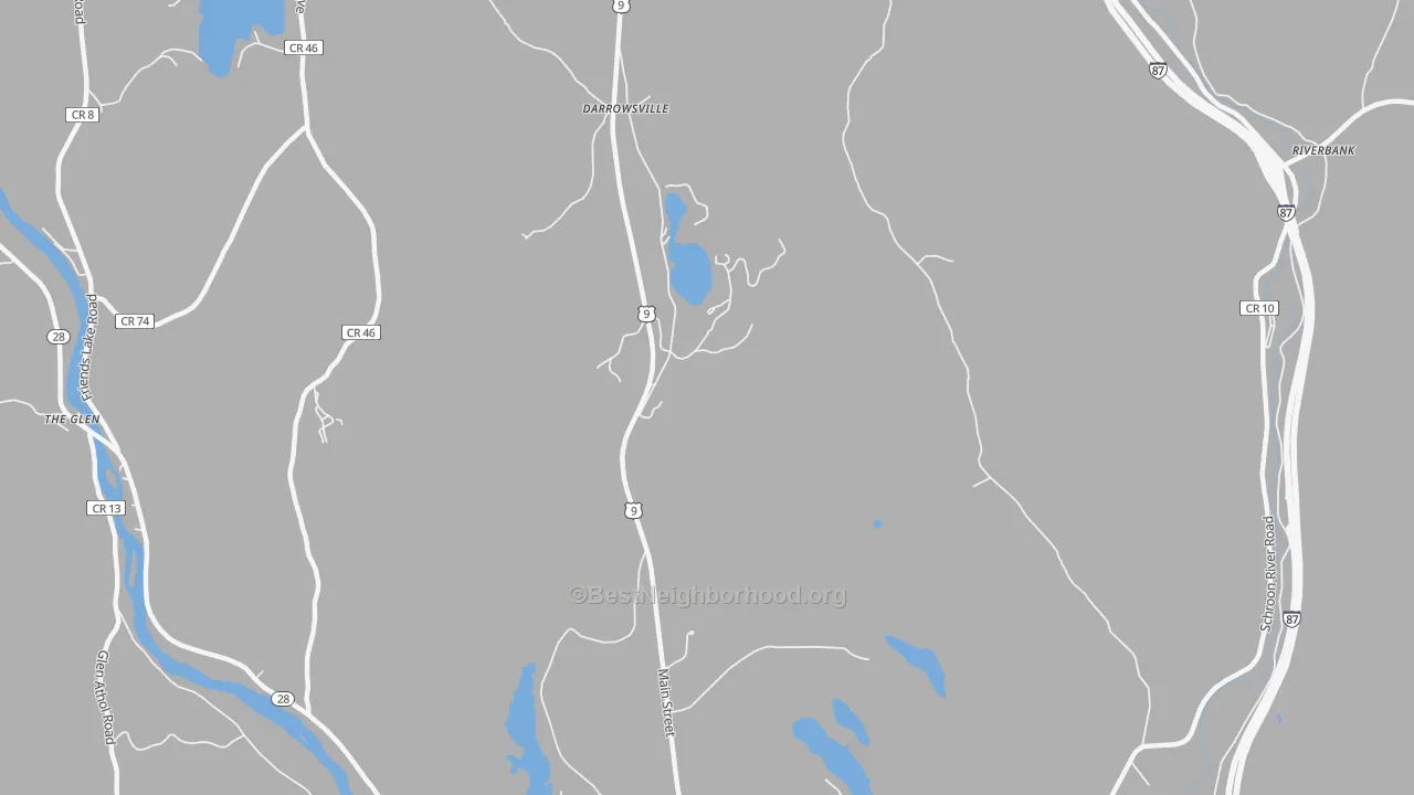 Walk Grade map of Darrowsville, NY, walkable areas in green and car-dependent areas in red