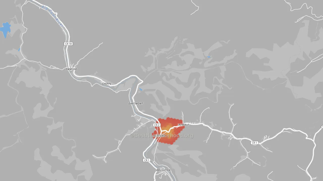 Walk Grade map of Dartmont, WV, walkable areas in green and car-dependent areas in red