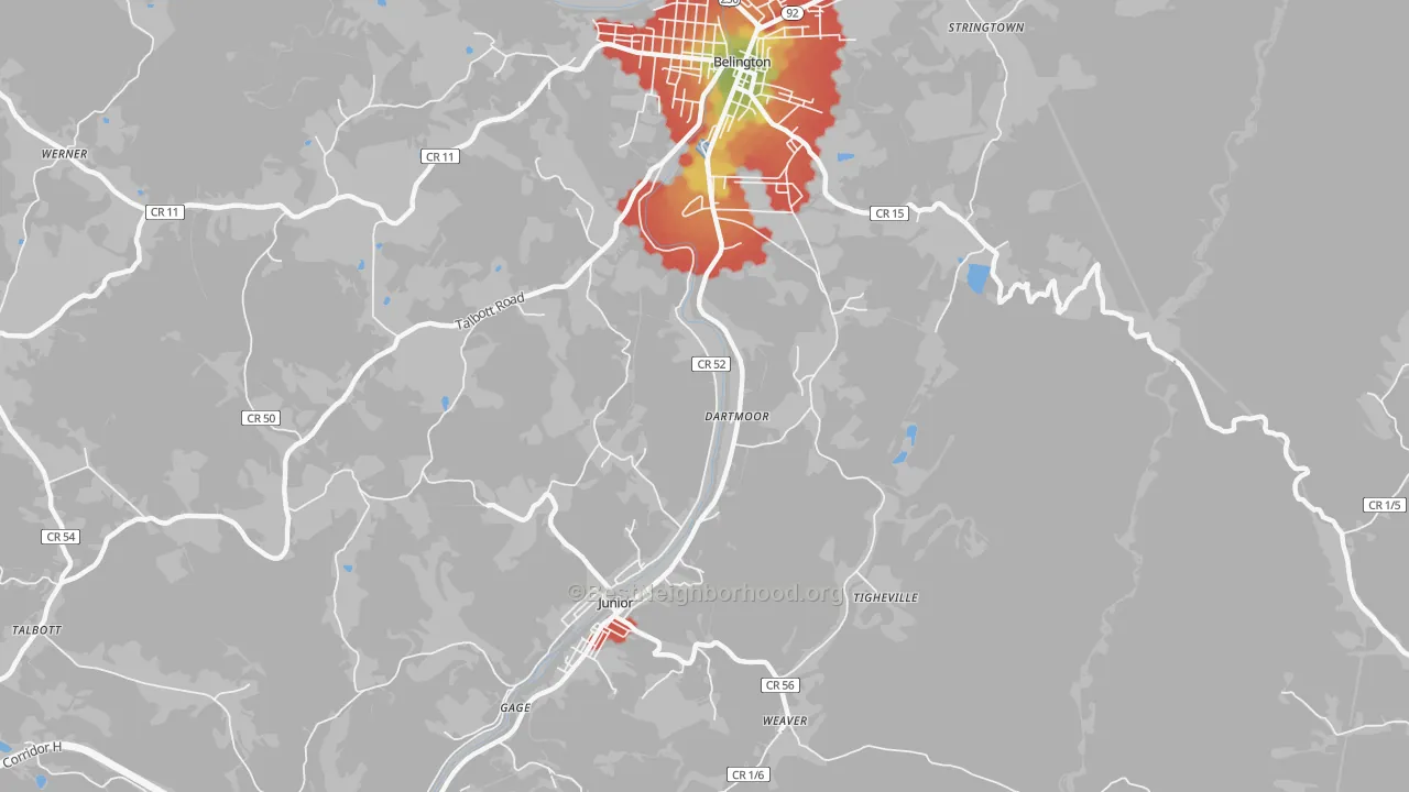 Walk Grade map of Dartmoor, WV, walkable areas in green and car-dependent areas in red