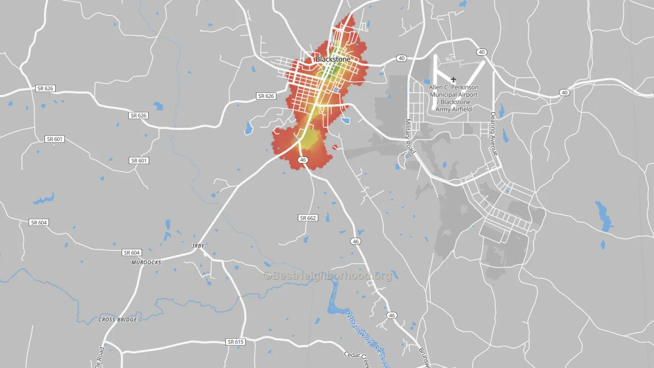 Walk Grade map of Darvills, VA, walkable areas in green and car-dependent areas in red