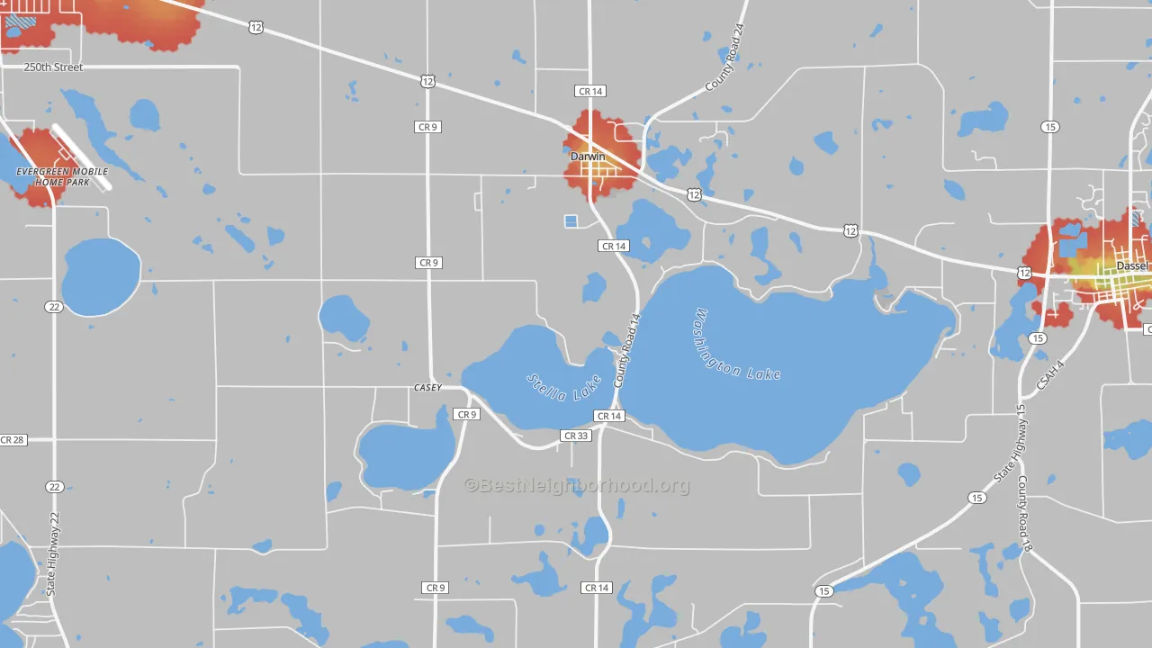 Walk Grade map of Darwin, MN, walkable areas in green and car-dependent areas in red