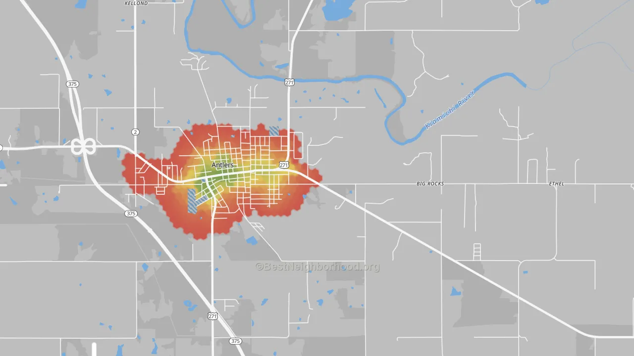 Walk Grade map of Darwin, OK, walkable areas in green and car-dependent areas in red
