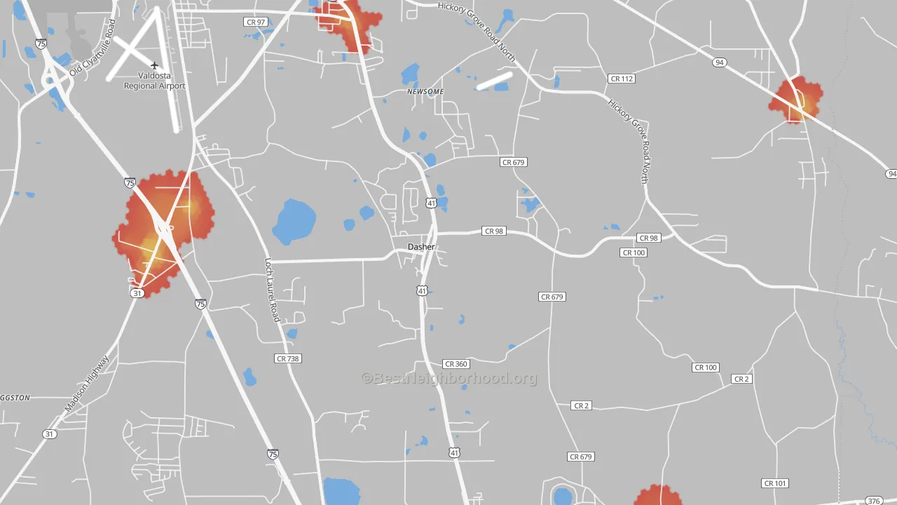 Walk Grade map of Dasher, GA, walkable areas in green and car-dependent areas in red