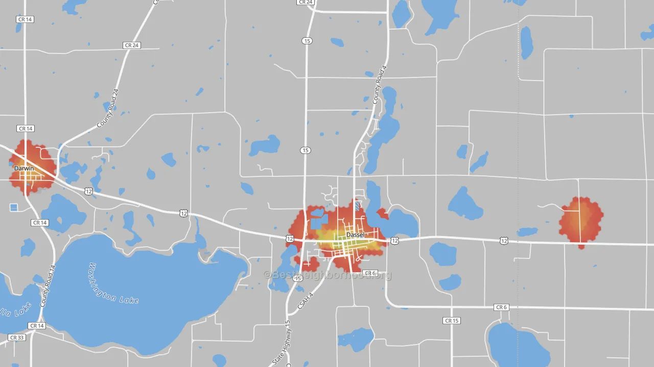 Walk Grade map of Dassel, MN, walkable areas in green and car-dependent areas in red