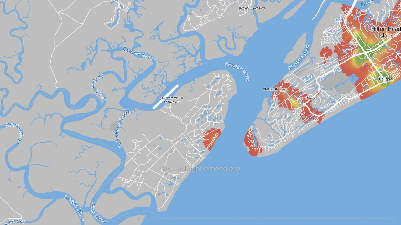 Walk Grade map of Daufuskie Island, SC, walkable areas in green and car-dependent areas in red