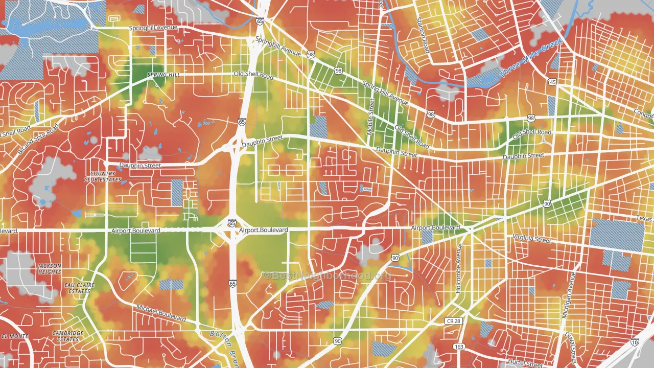 Walk Grade map of Dauphin Acres, Mobile, AL, walkable areas in green and car-dependent areas in red