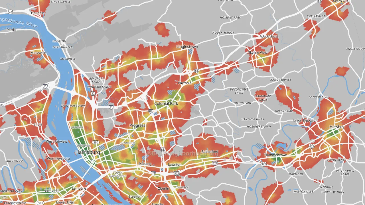 Walk Grade map of Dauphin County, PA, walkable areas in green and car-dependent areas in red