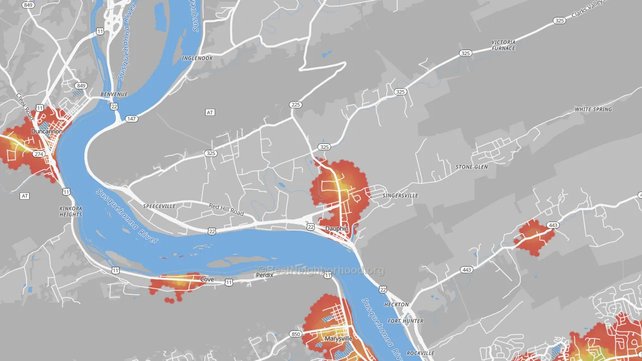 Walk Grade map of Dauphin, PA, walkable areas in green and car-dependent areas in red