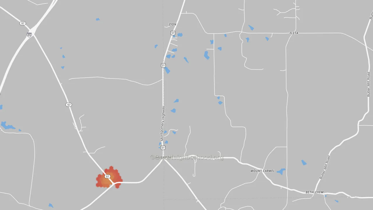 Walk Grade map of Davenport, AL, walkable areas in green and car-dependent areas in red