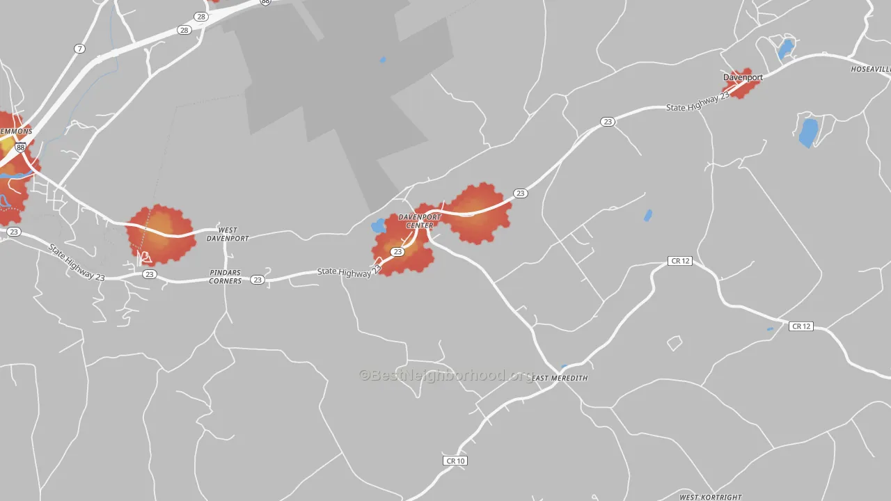 Walk Grade map of Davenport Center, NY, walkable areas in green and car-dependent areas in red