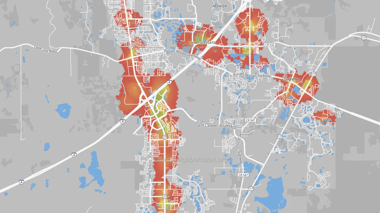 Walk Grade map of Davenport, FL, walkable areas in green and car-dependent areas in red