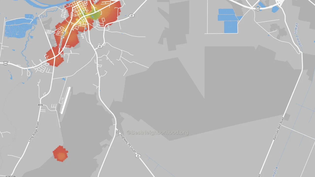 Walk Grade map of Davenport Forks, NC, walkable areas in green and car-dependent areas in red