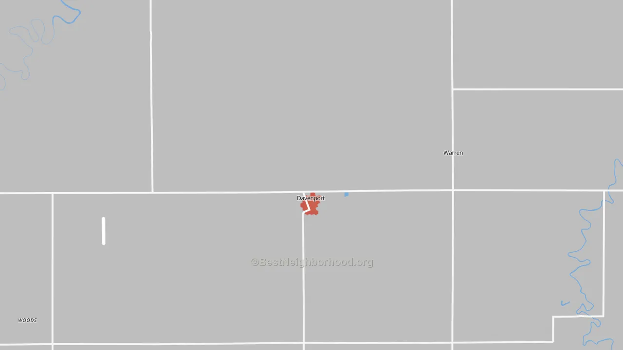 Walk Grade map of Davenport, ND, walkable areas in green and car-dependent areas in red