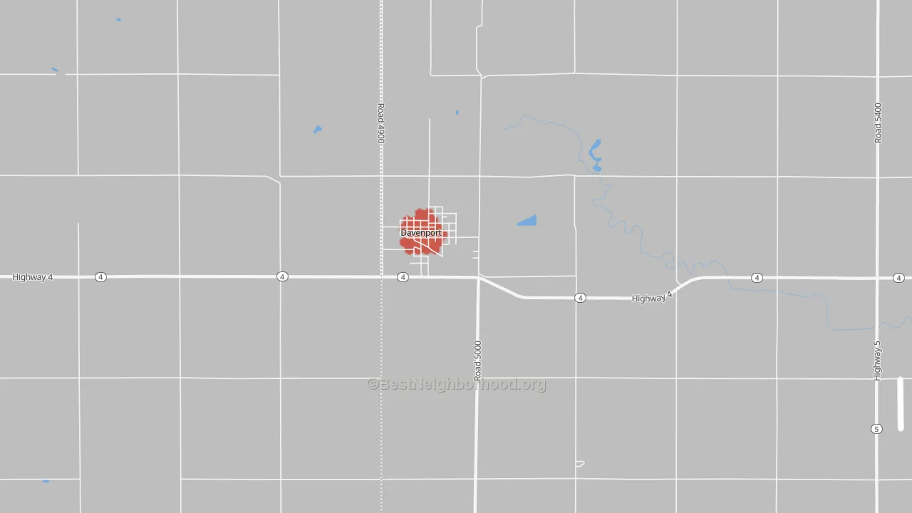 Walk Grade map of Davenport, NE, walkable areas in green and car-dependent areas in red