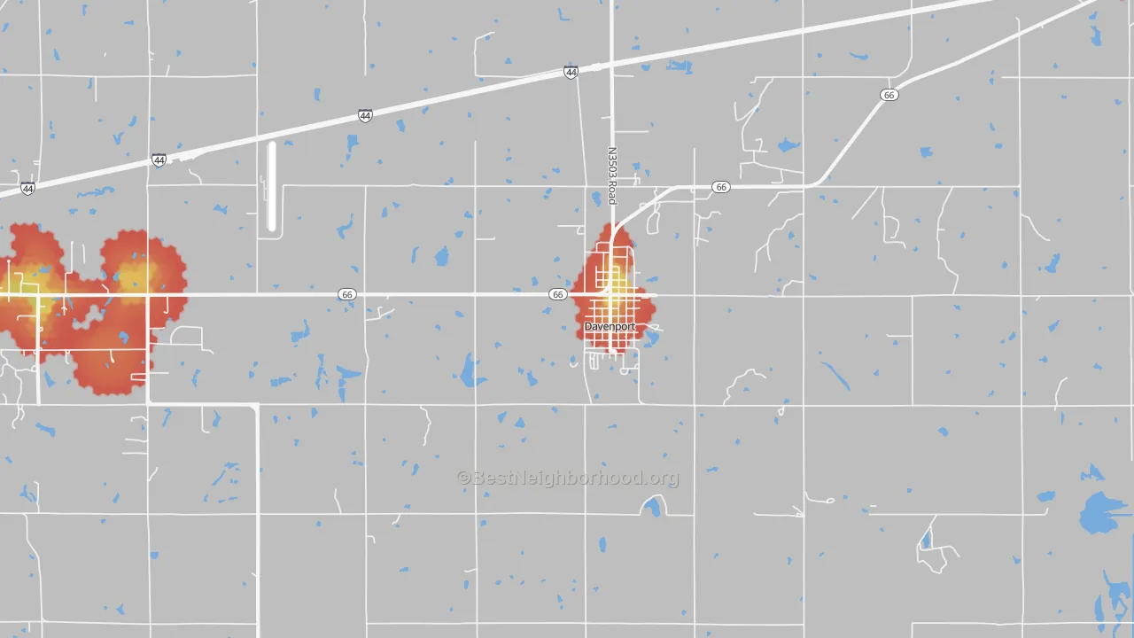 Walk Grade map of Davenport, OK, walkable areas in green and car-dependent areas in red