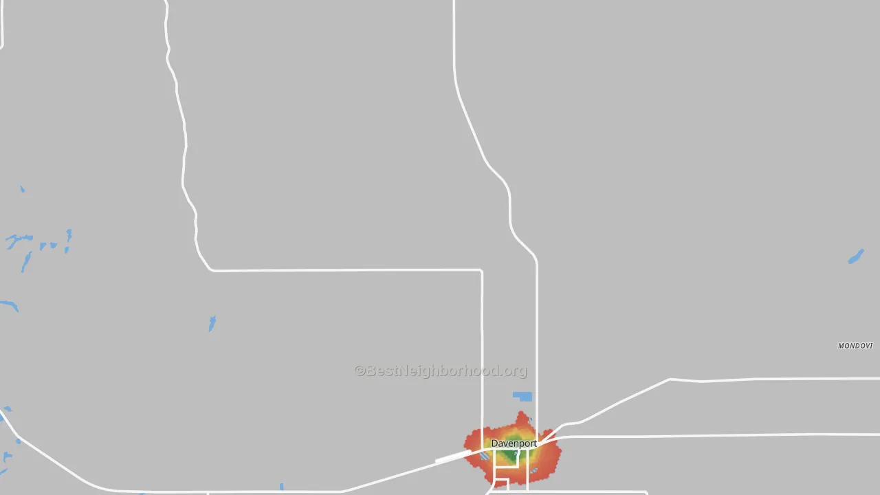Walk Grade map of Davenport, WA, walkable areas in green and car-dependent areas in red