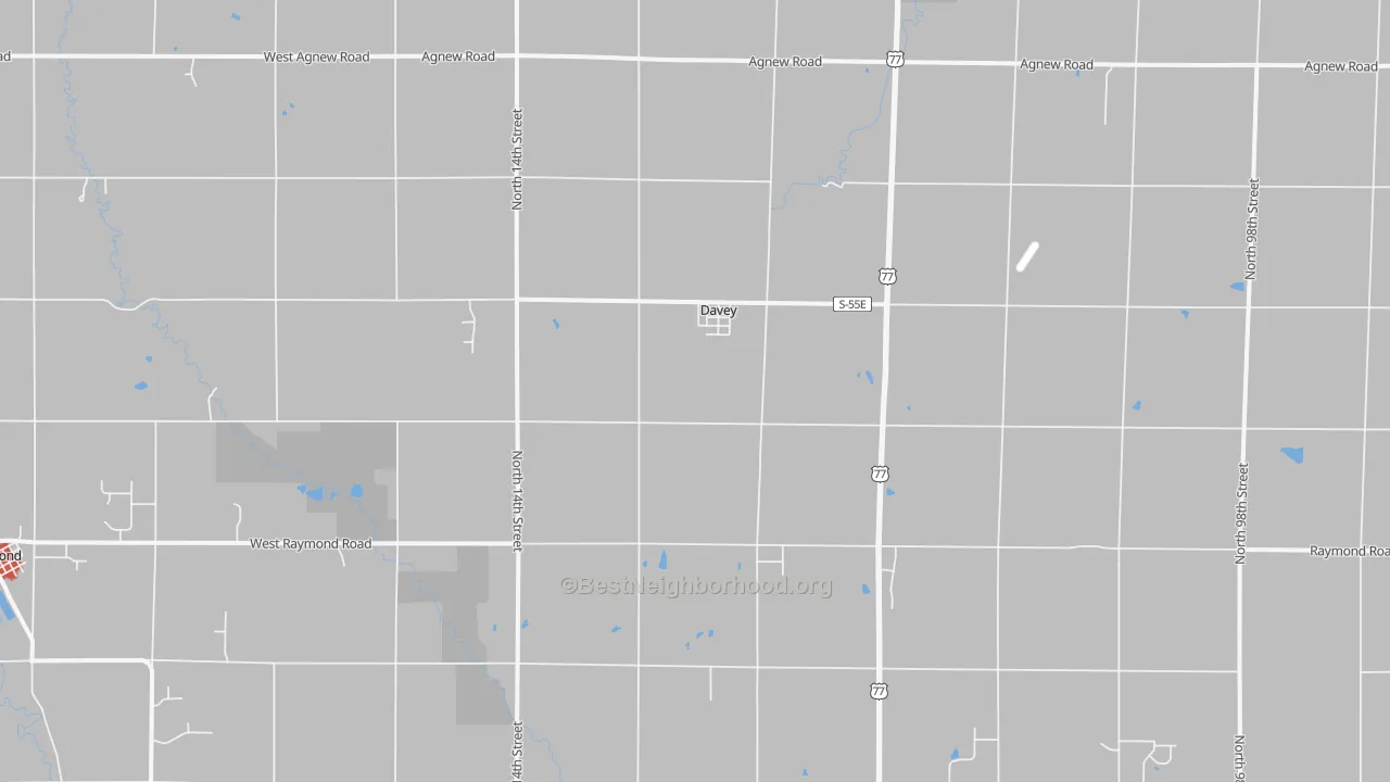 Walk Grade map of Davey, NE, walkable areas in green and car-dependent areas in red