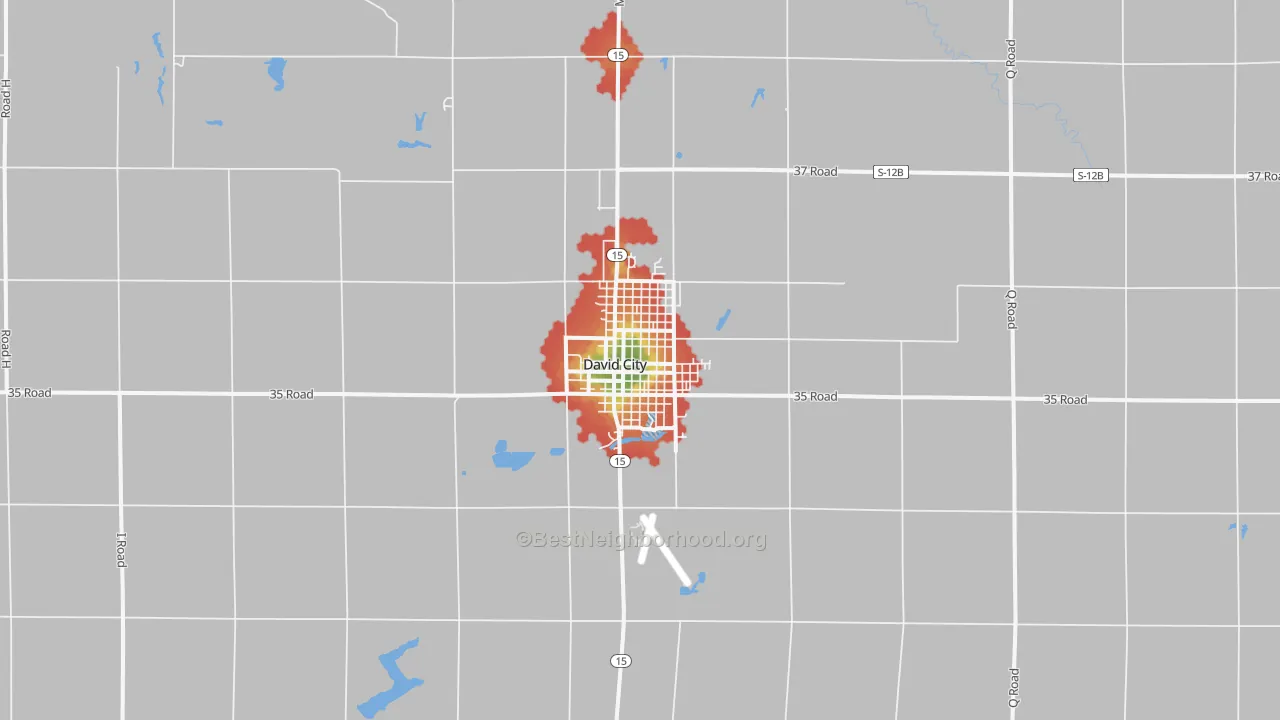 Walk Grade map of David City, NE, walkable areas in green and car-dependent areas in red