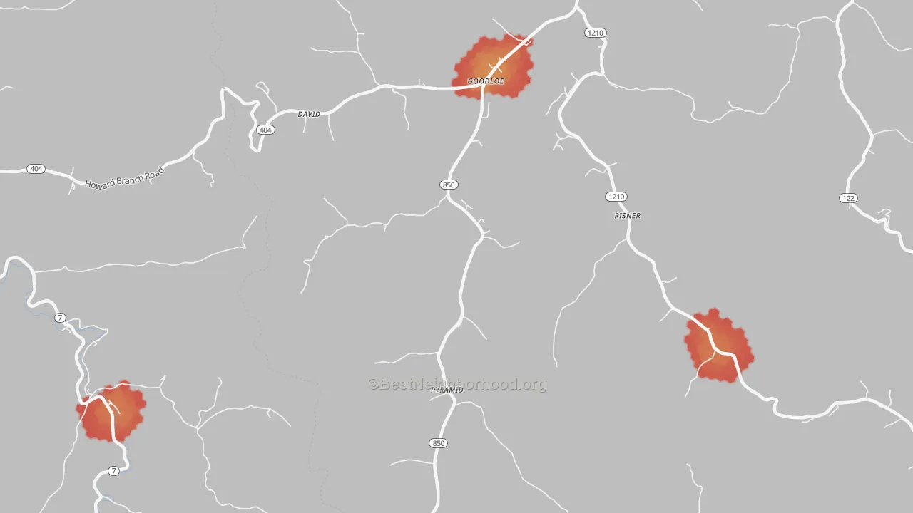 Walk Grade map of David, KY, walkable areas in green and car-dependent areas in red