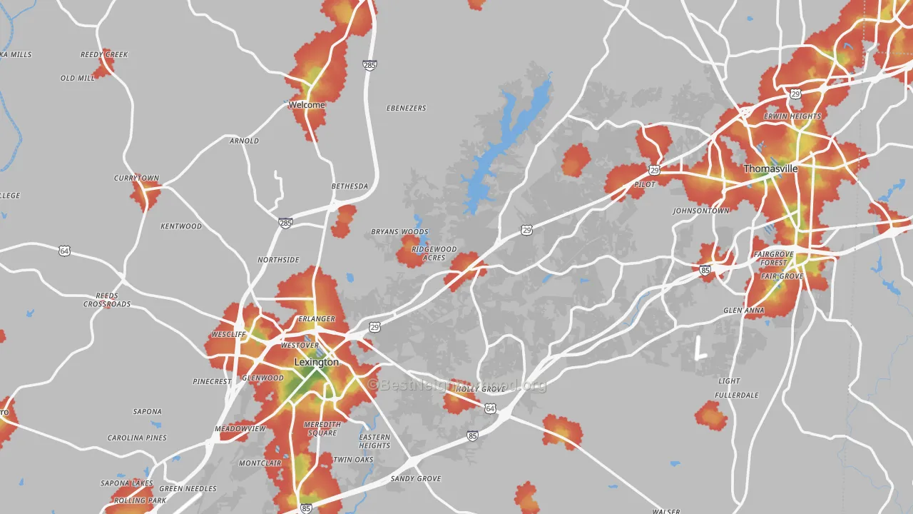 Walk Grade map of Davidson County, NC, walkable areas in green and car-dependent areas in red