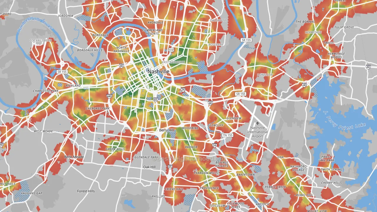 Walk Grade map of Davidson County, TN, walkable areas in green and car-dependent areas in red