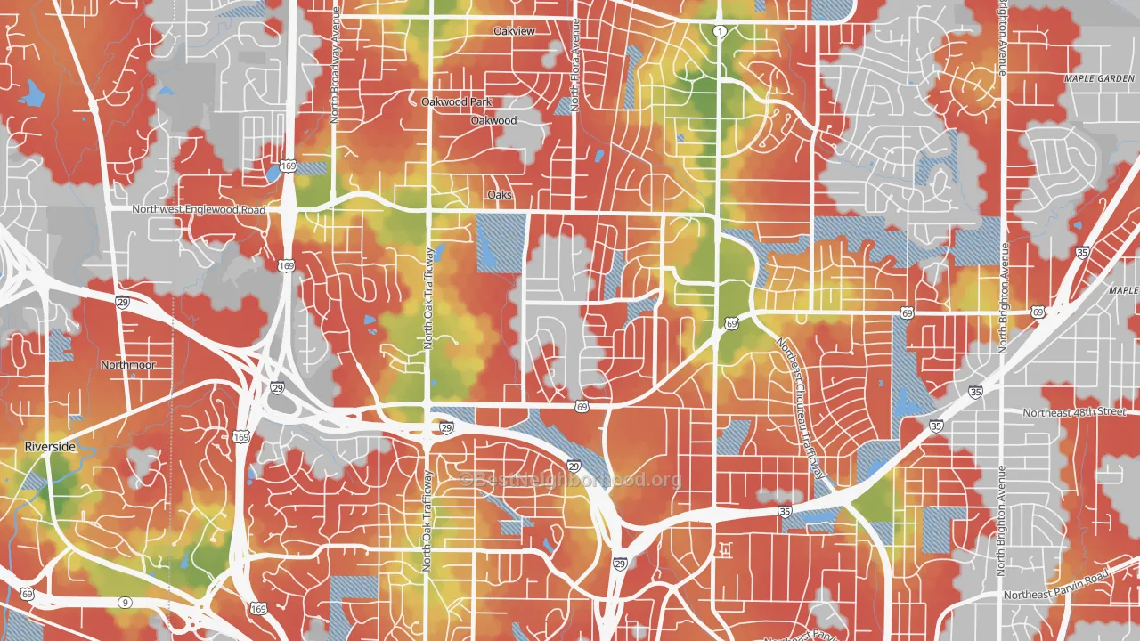 Walk Grade map of Davidson, Kansas City, MO, walkable areas in green and car-dependent areas in red