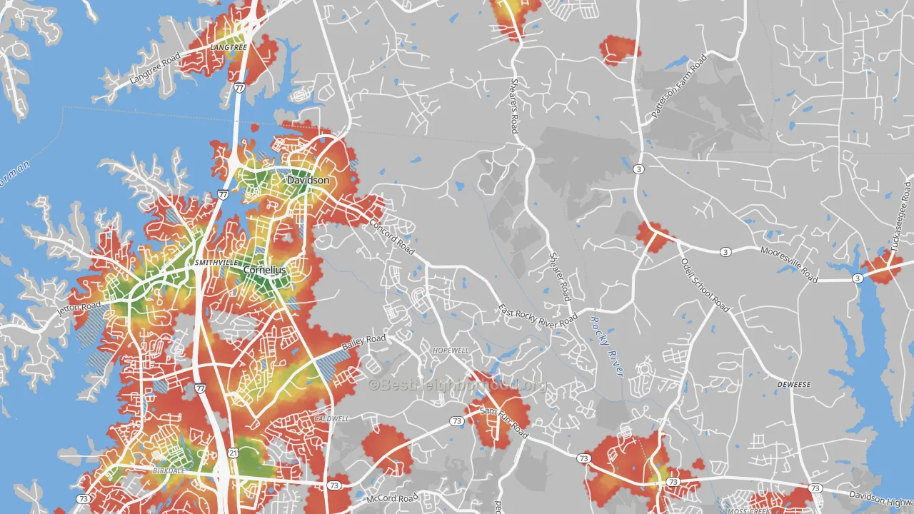 Walk Grade map of Davidson, NC, walkable areas in green and car-dependent areas in red