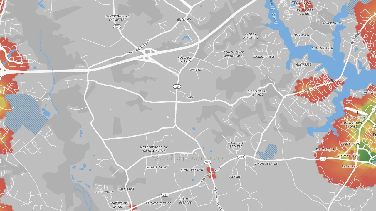 Walk Grade map of Davidsonville, MD, walkable areas in green and car-dependent areas in red
