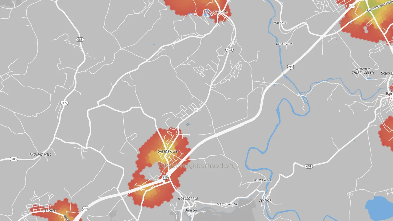 Walk Grade map of Davidsville, PA, walkable areas in green and car-dependent areas in red
