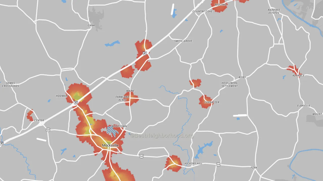 Walk Grade map of Davie County, NC, walkable areas in green and car-dependent areas in red