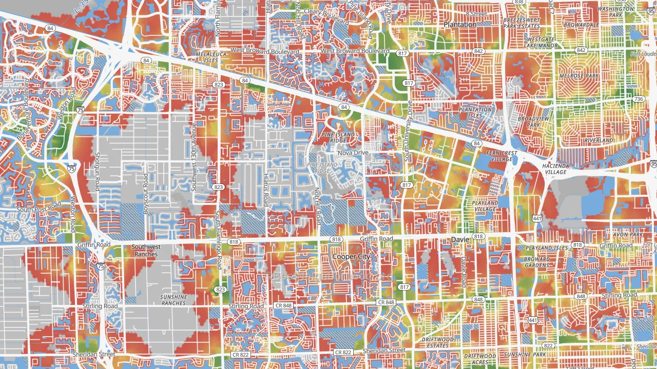 Walk Grade map of Davie, FL, walkable areas in green and car-dependent areas in red