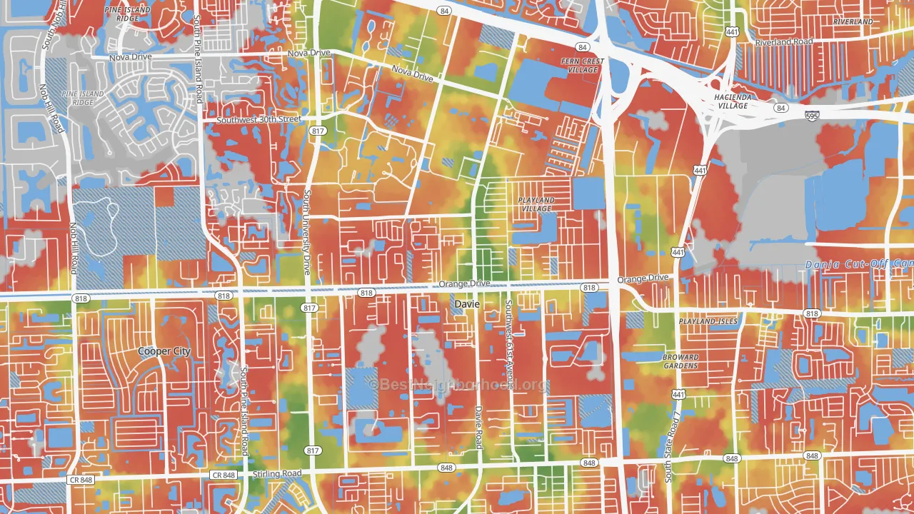 Walk Grade map of Davie Heights, Davie, FL, walkable areas in green and car-dependent areas in red