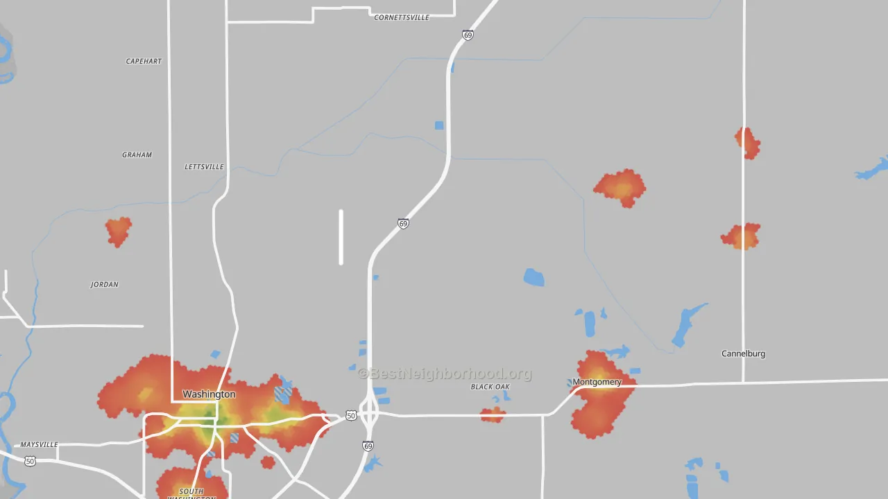 Walk Grade map of Daviess County, IN, walkable areas in green and car-dependent areas in red