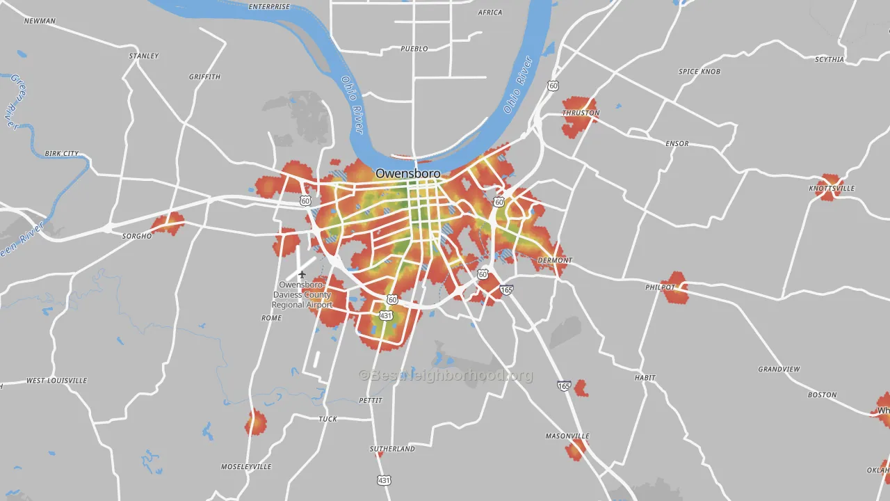 Walk Grade map of Daviess County, KY, walkable areas in green and car-dependent areas in red