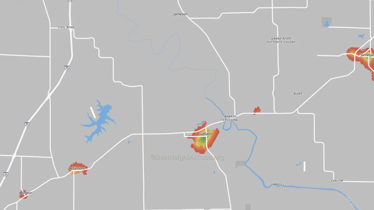 Walk Grade map of Daviess County, MO, walkable areas in green and car-dependent areas in red
