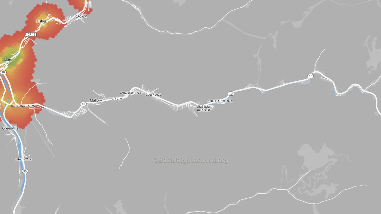 Walk Grade map of Davin, WV, walkable areas in green and car-dependent areas in red