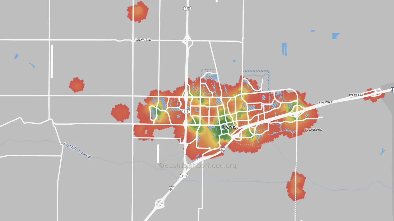 Walk Grade map of Davis, CA, walkable areas in green and car-dependent areas in red