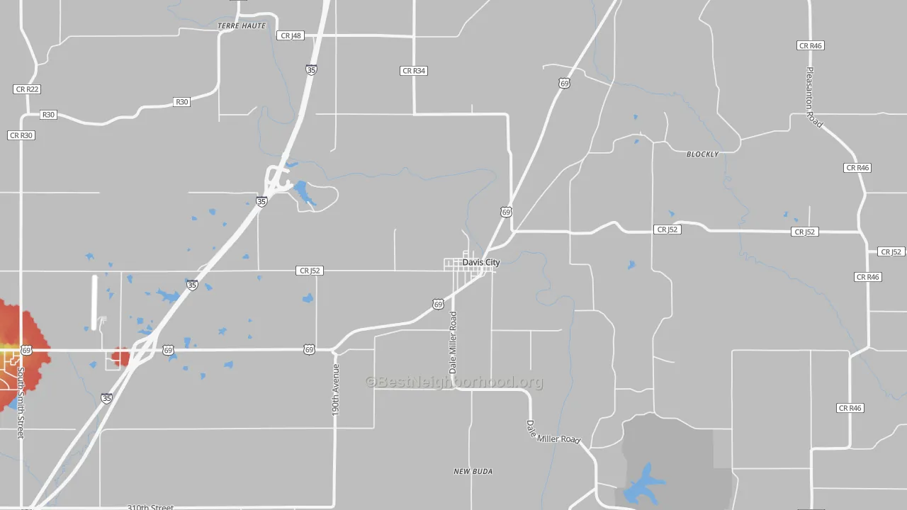Walk Grade map of Davis City, IA, walkable areas in green and car-dependent areas in red